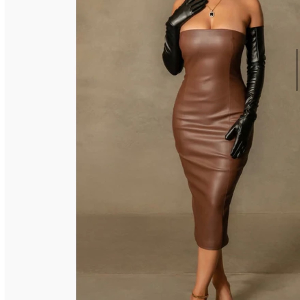 Junly strapless leather dress faux leather brown midi